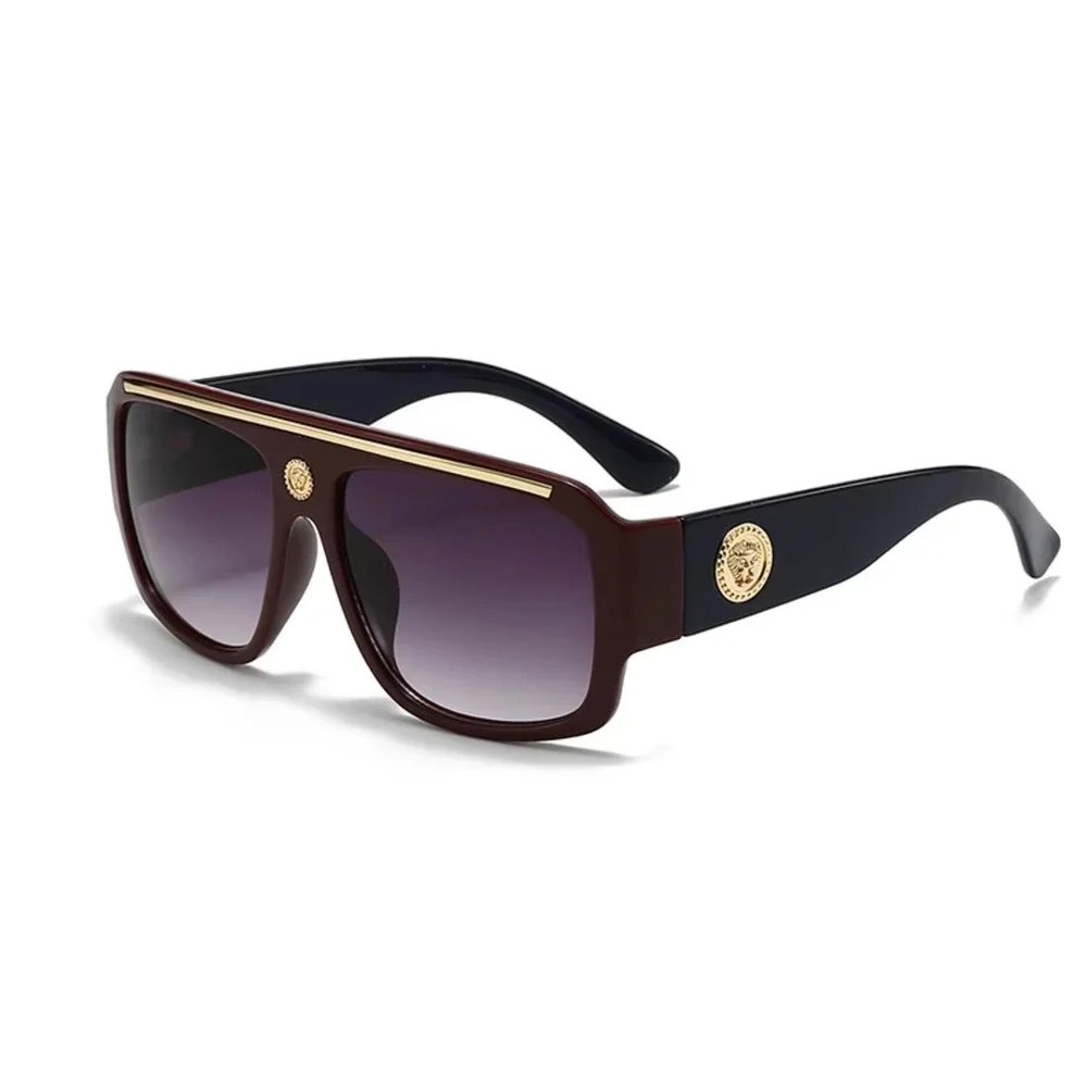 Oversized Flat Top Shield Sunglasses Burgundy Black‎ Gold Medallion Square UV400